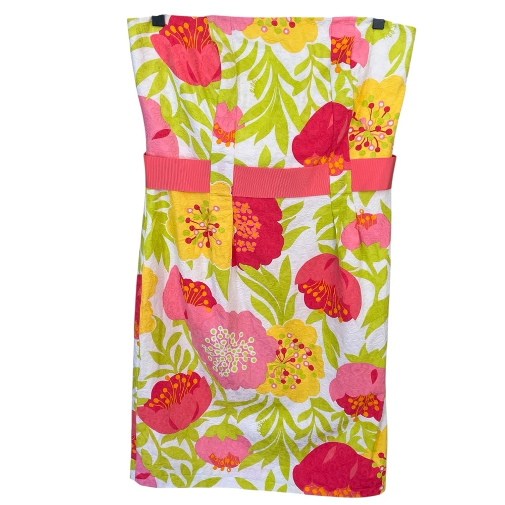 Lilly Pulitzer Vanessa Floral Cotton Strapless Dress Belt Pink Yellow y2k 12